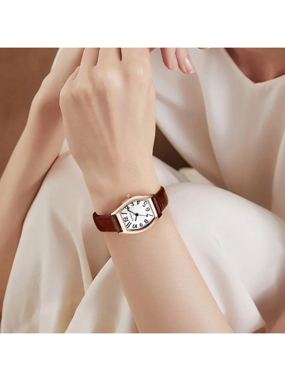 Women's Brown-Rose Gold Barrel-Shaped Easy Read Arabic Numerals Dress Watch